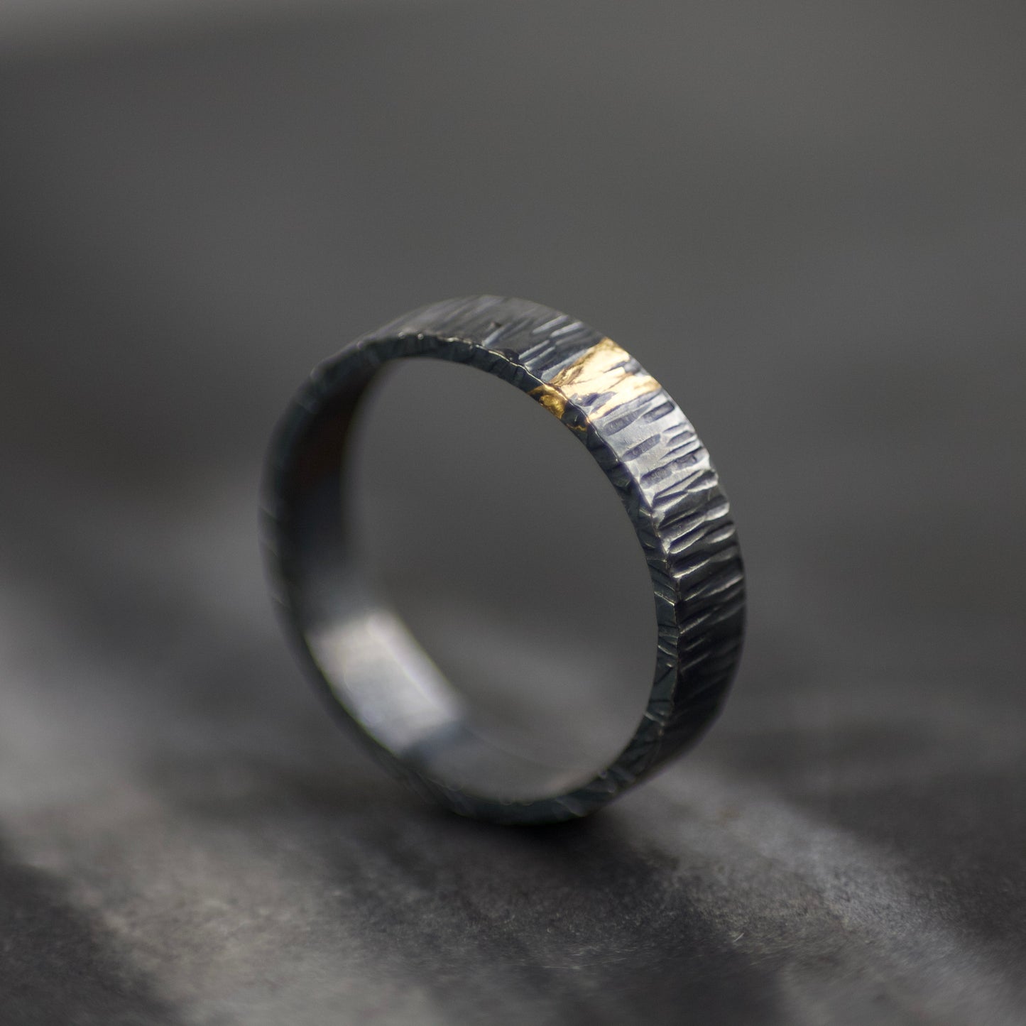 Oxidised Silver & Gold Linear Textured 4mm Ring image 4