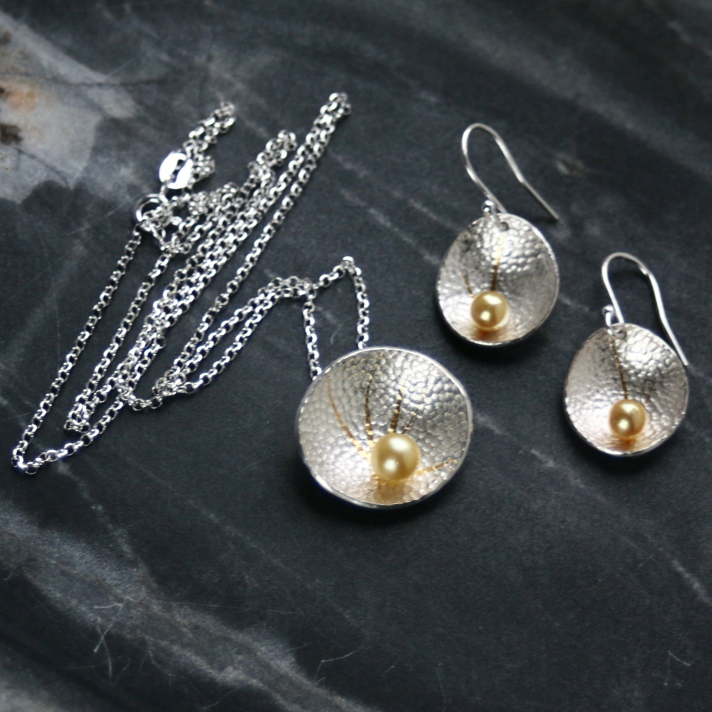 Akoya Golden Pearl Keum Boo Textured Silver Drop Earrings image 4