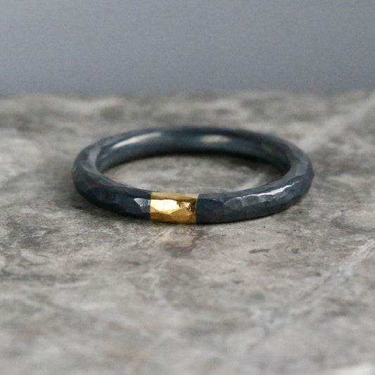 Round 3mm Oxidised Hammered Silver & Gold Ring image 0