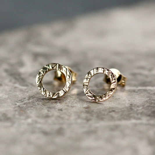 Solid Mini Linear Textured 9ct Yellow Gold Halo Studs image 0