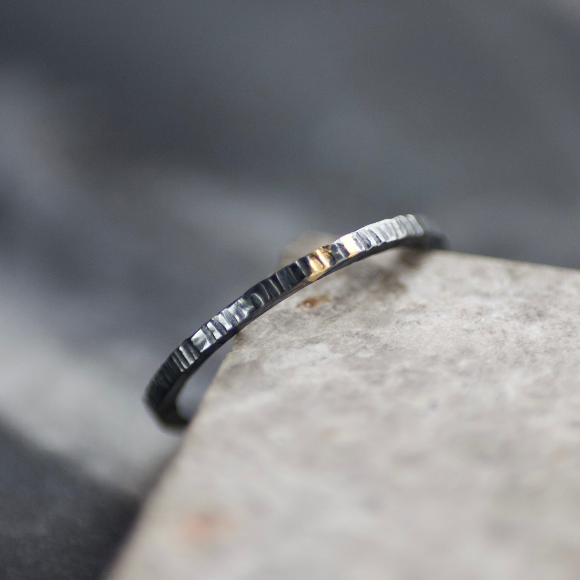 Oxidised Silver & Gold Linear Textured Skinny Ring image 6
