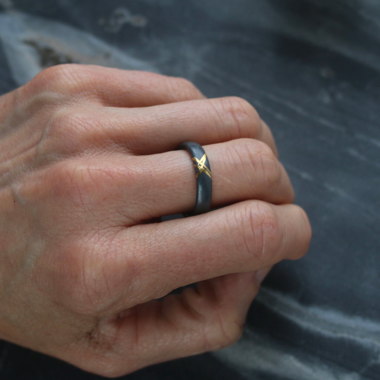 Oxidised Cross Hatch Silver & Gold Textured Chunky Ring image 3