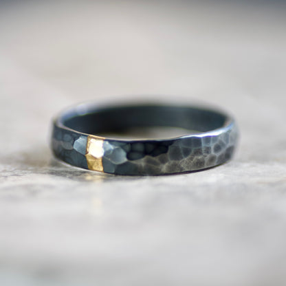 Hammered Oxidised Silver & Gold Textured 4mm Ring image 1
