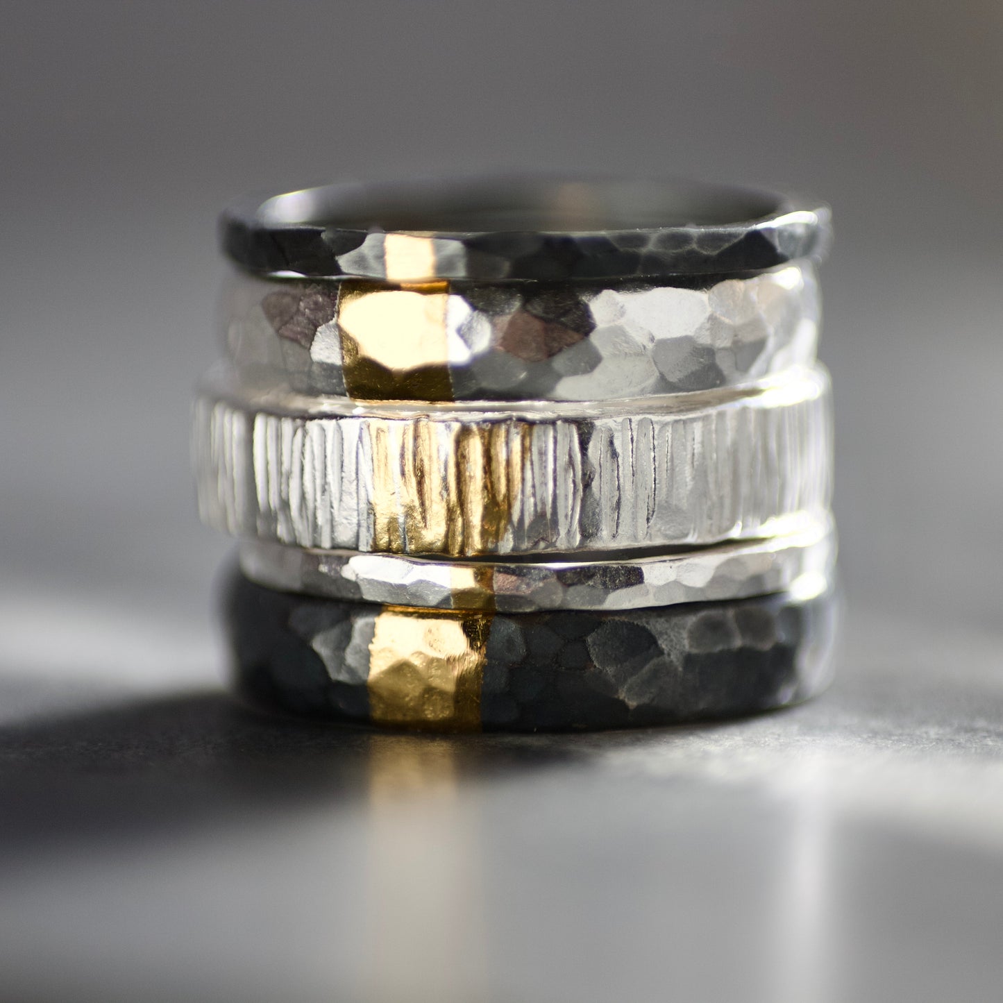 Oxidised Cross Hatch Silver & Gold Textured Chunky Ring image 7