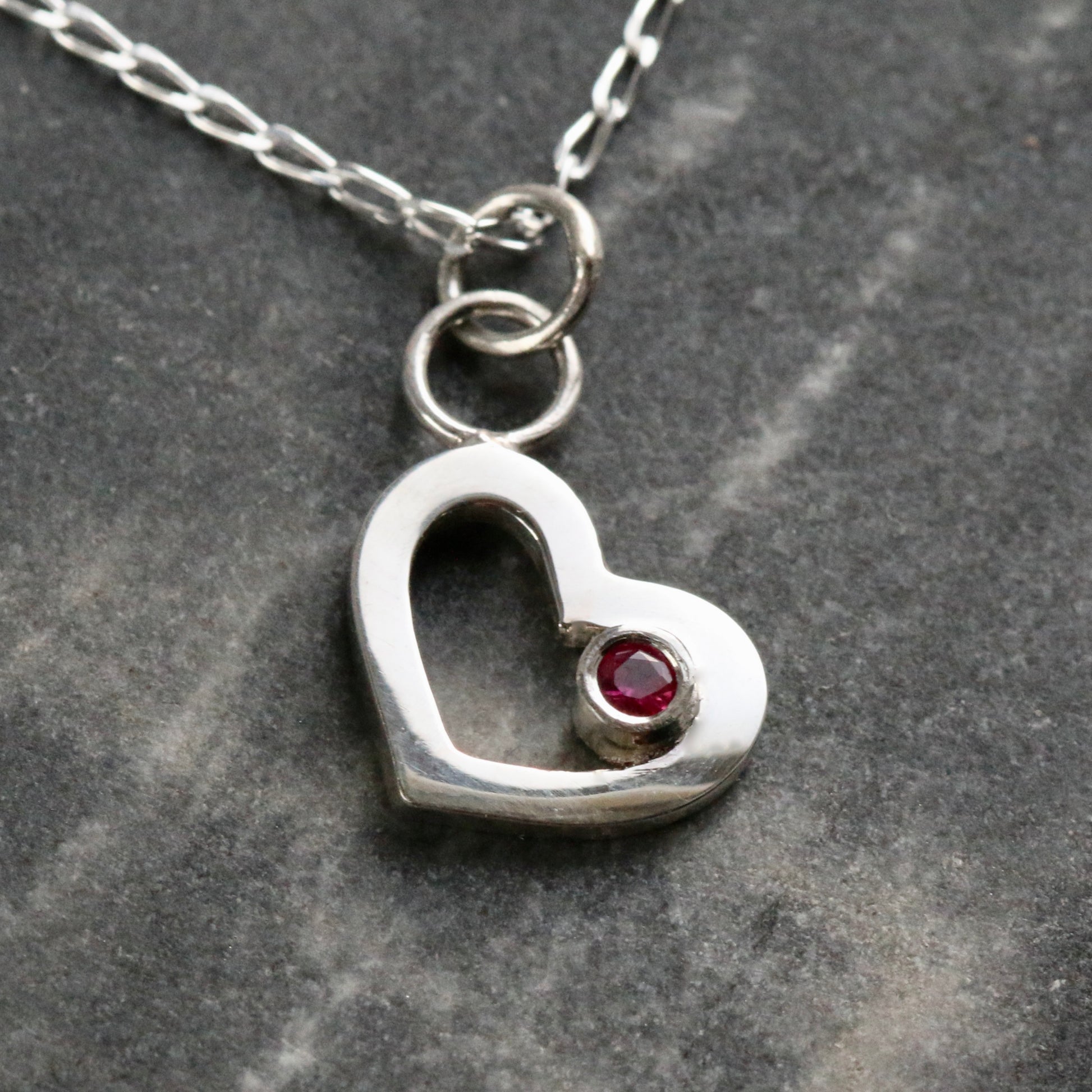 Recycled Solid Silver Open Heart & Ruby Pendant Necklace image 1