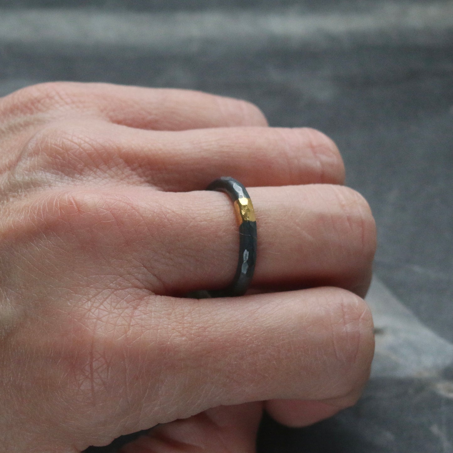 Round 3mm Oxidised Hammered Silver & Gold Ring image 4