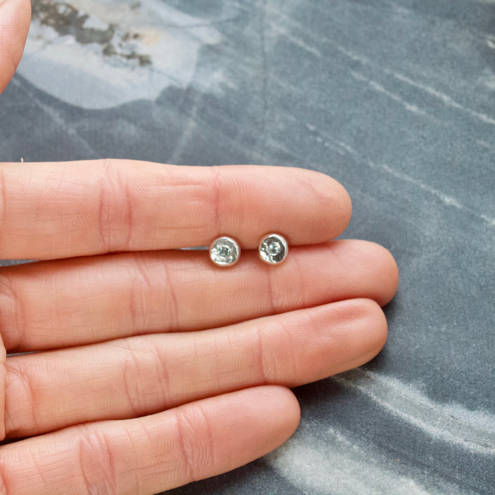 Aquamarine & Recycled Hammered Solid Sterling Silver Pebble Studs image 3
