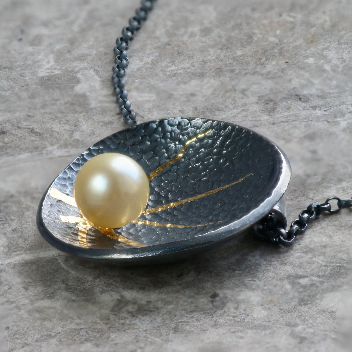 Akoya Pearl Oxidised Silver & Gold Textured Pendant image 4