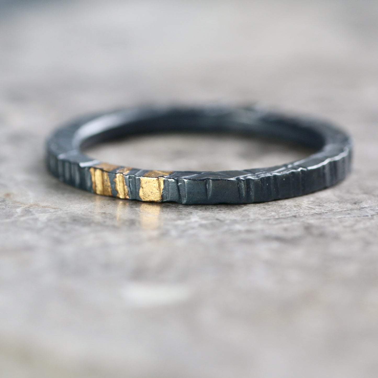 Oxidised Linear Silver & Gold Textured 2mm Ring image 0