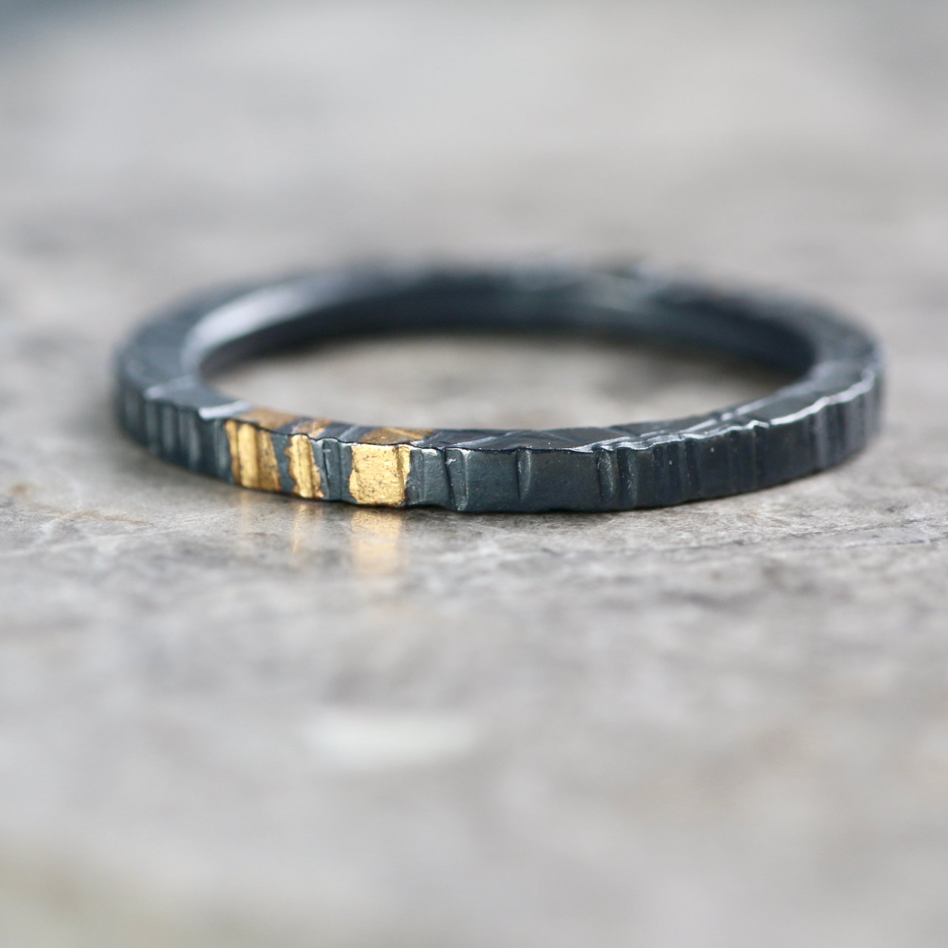 Oxidised Linear Silver & Gold Textured 2mm Ring image 0