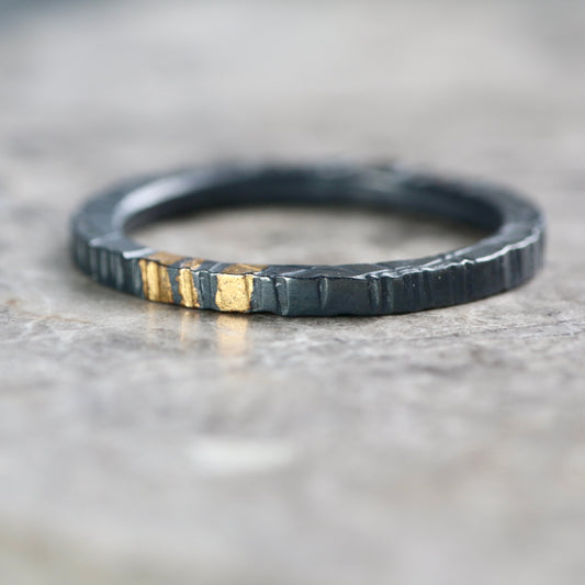 Oxidised Linear Silver & Gold Textured 2mm Ring image 0