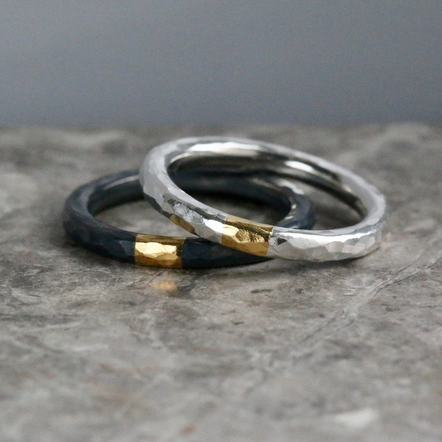 Round 3mm Oxidised Hammered Silver & Gold Ring image 1