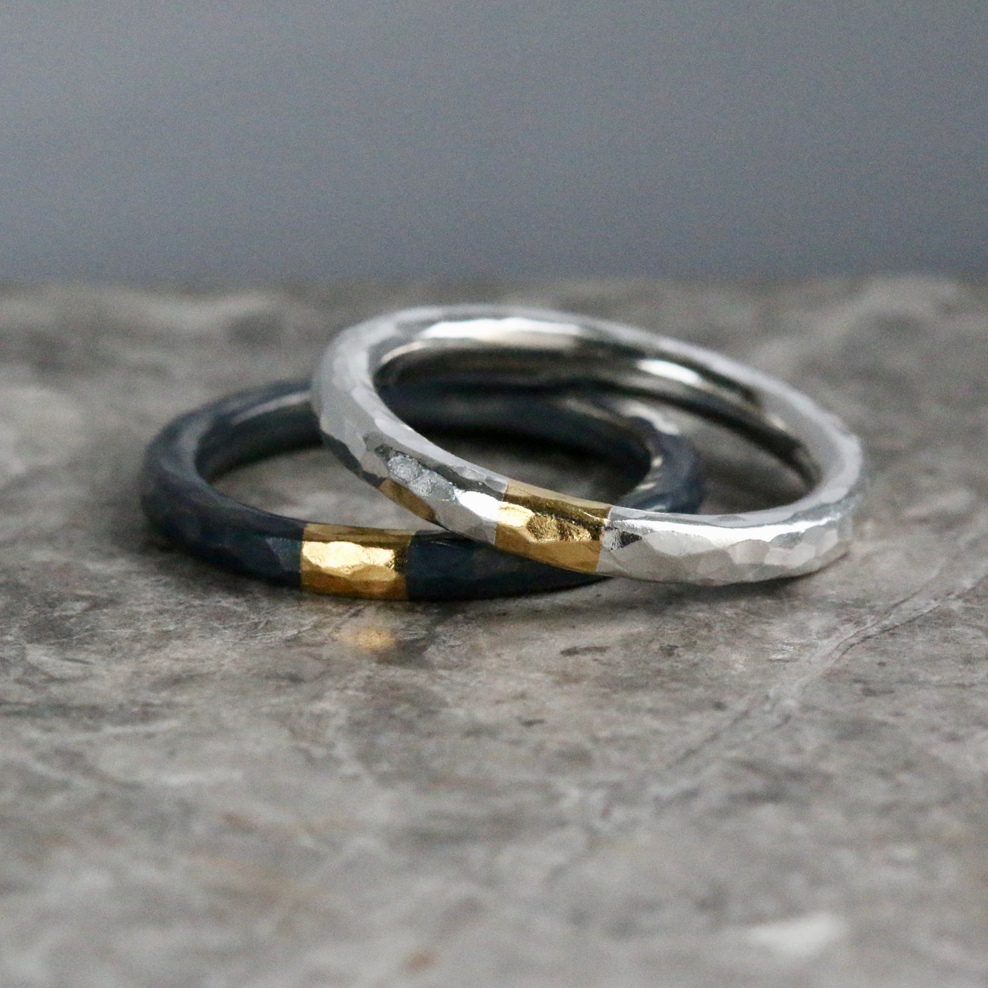 Round 3mm Oxidised Hammered Silver & Gold Ring image 1