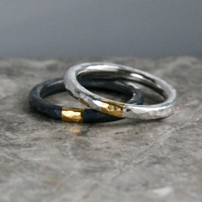 Round 3mm Oxidised Hammered Silver & Gold Ring image 1