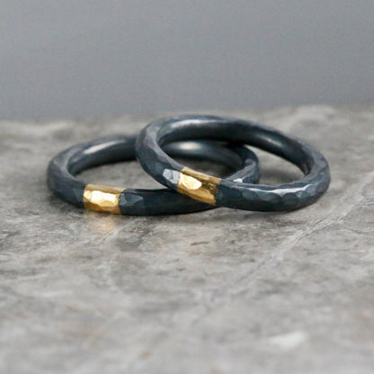 Round 3mm Oxidised Hammered Silver & Gold Ring image 5