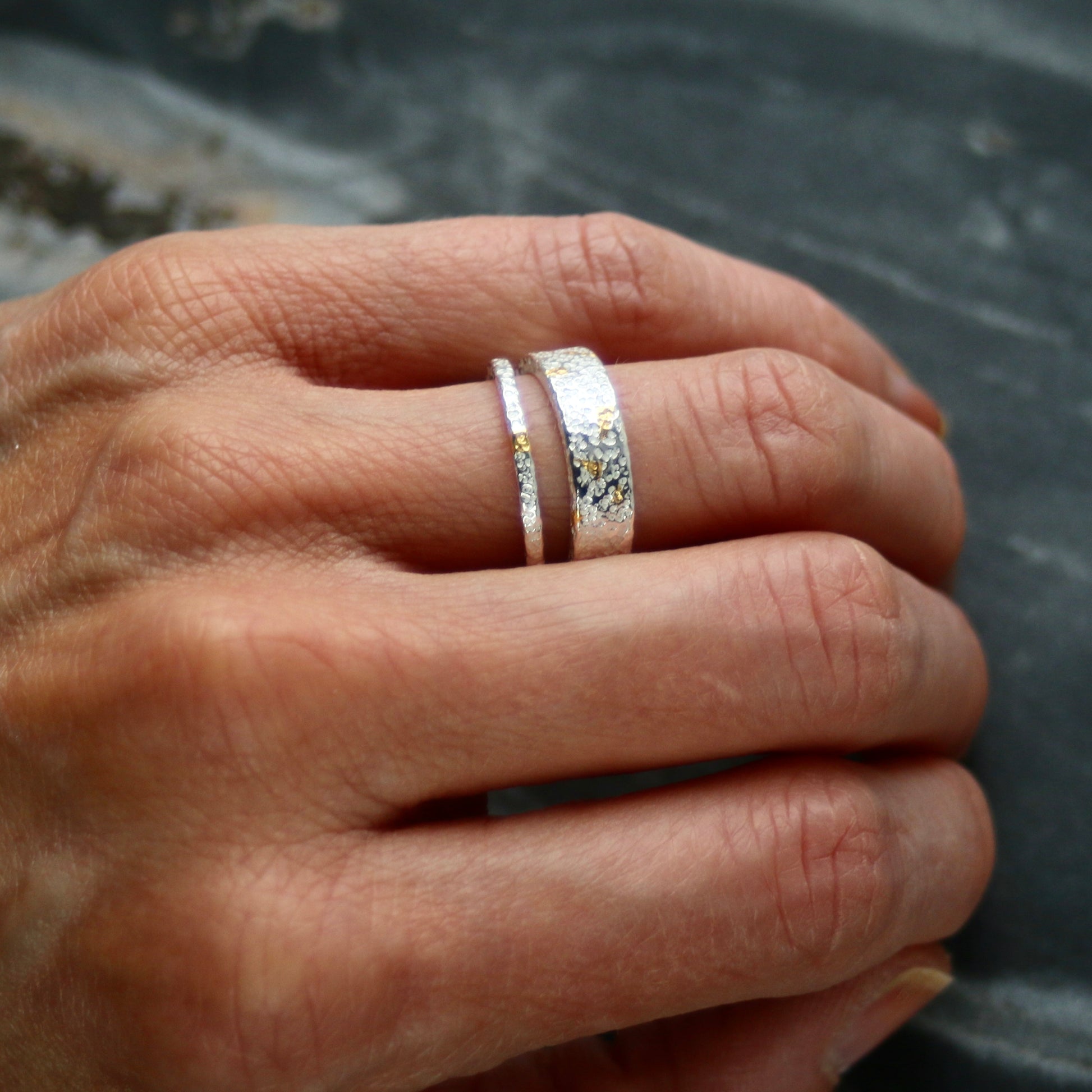Dot Textured Silver & Gold Textured Skinny Stacking Ring image 8