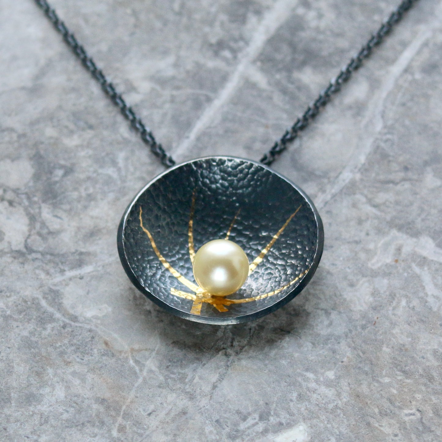 Akoya Pearl Oxidised Silver & Gold Textured Pendant image 0