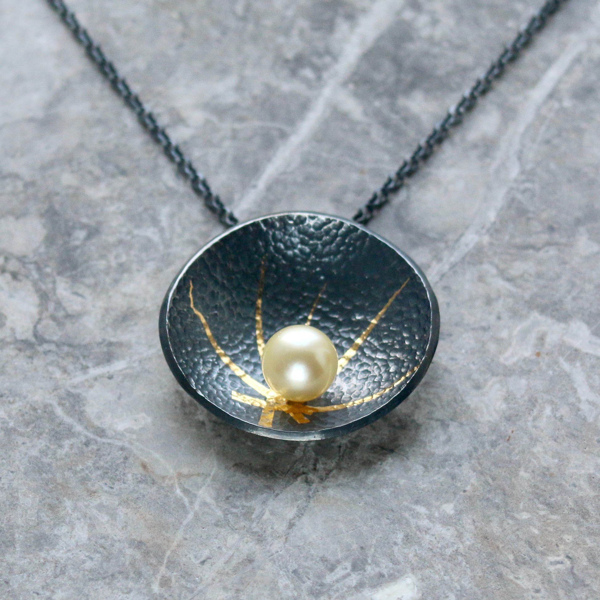 Akoya Pearl Oxidised Silver & Gold Textured Pendant image 0