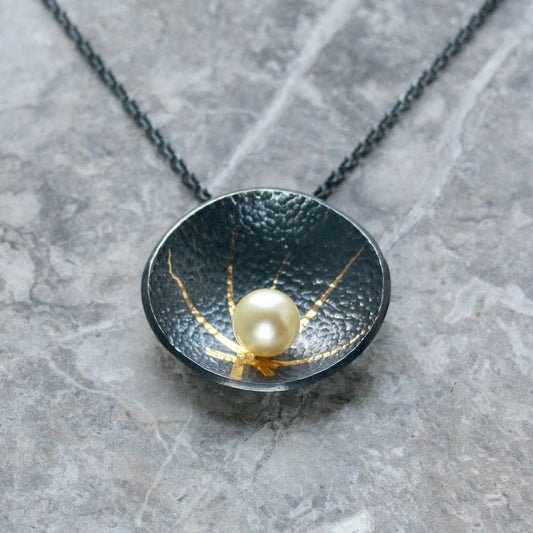 Akoya Pearl Oxidised Silver & Gold Textured Pendant image 0