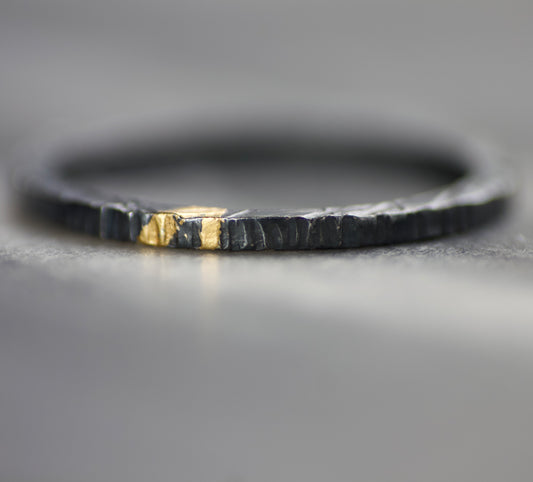 Oxidised Silver & Gold Linear Textured Skinny Ring image 0