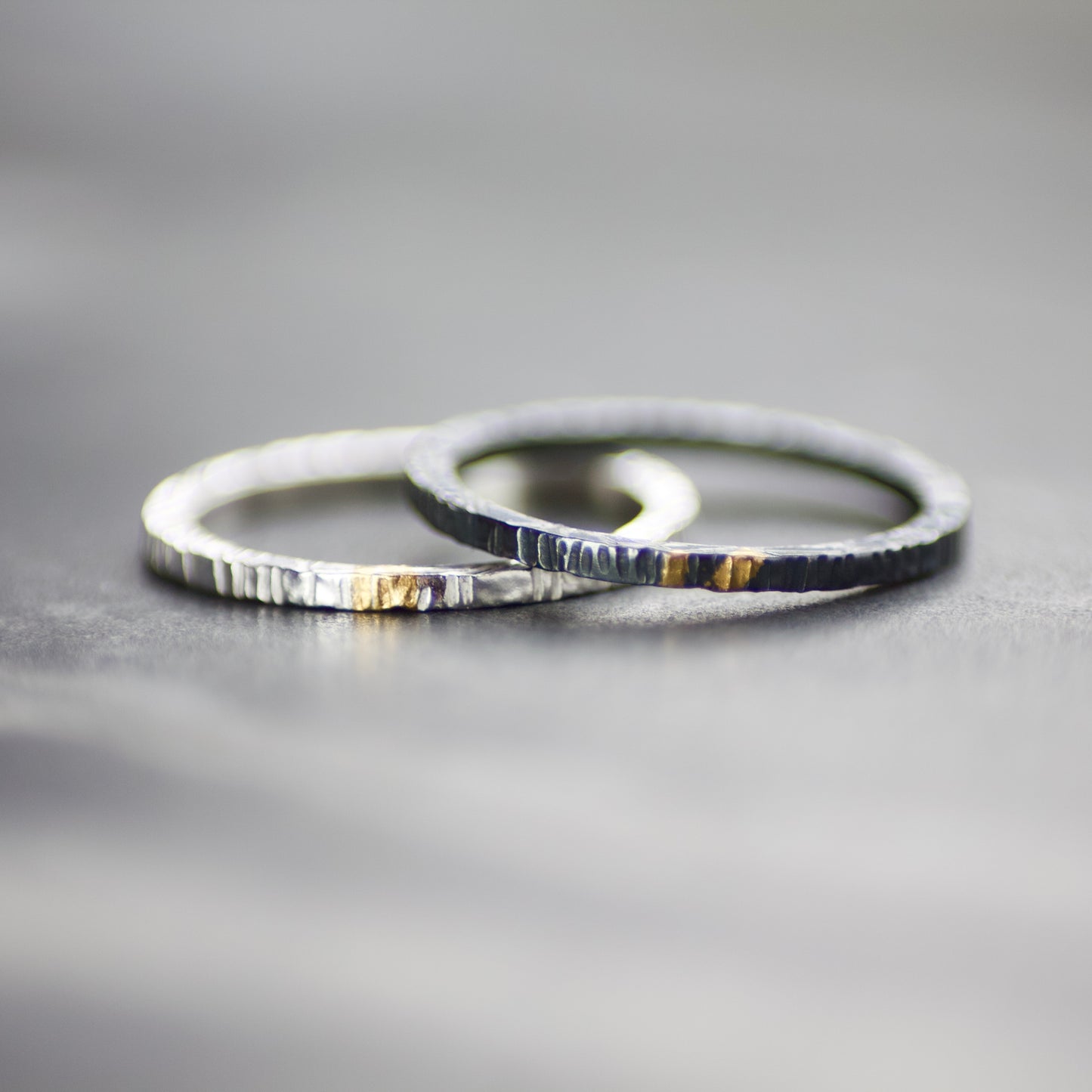 Oxidised Silver & Gold Linear Textured Skinny Ring image 2