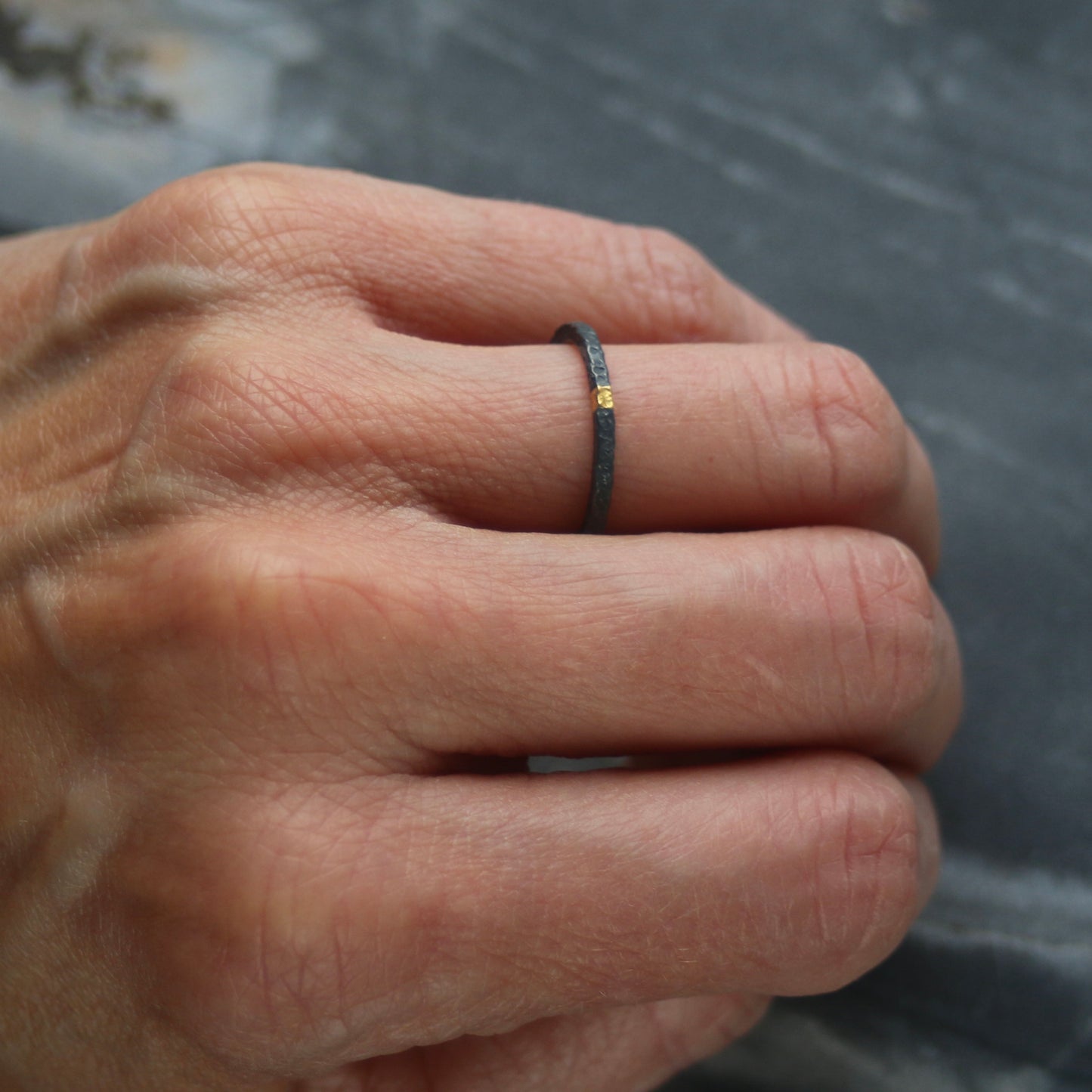 Oxidised Dot Textured Silver & Gold Textured Skinny Stacking Ring image 4
