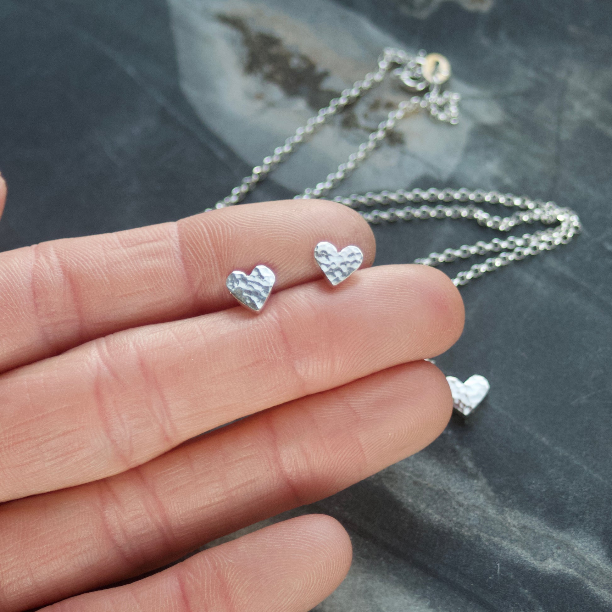 Solid Sterling Silver Hammered Heart Stud Earrings image 3