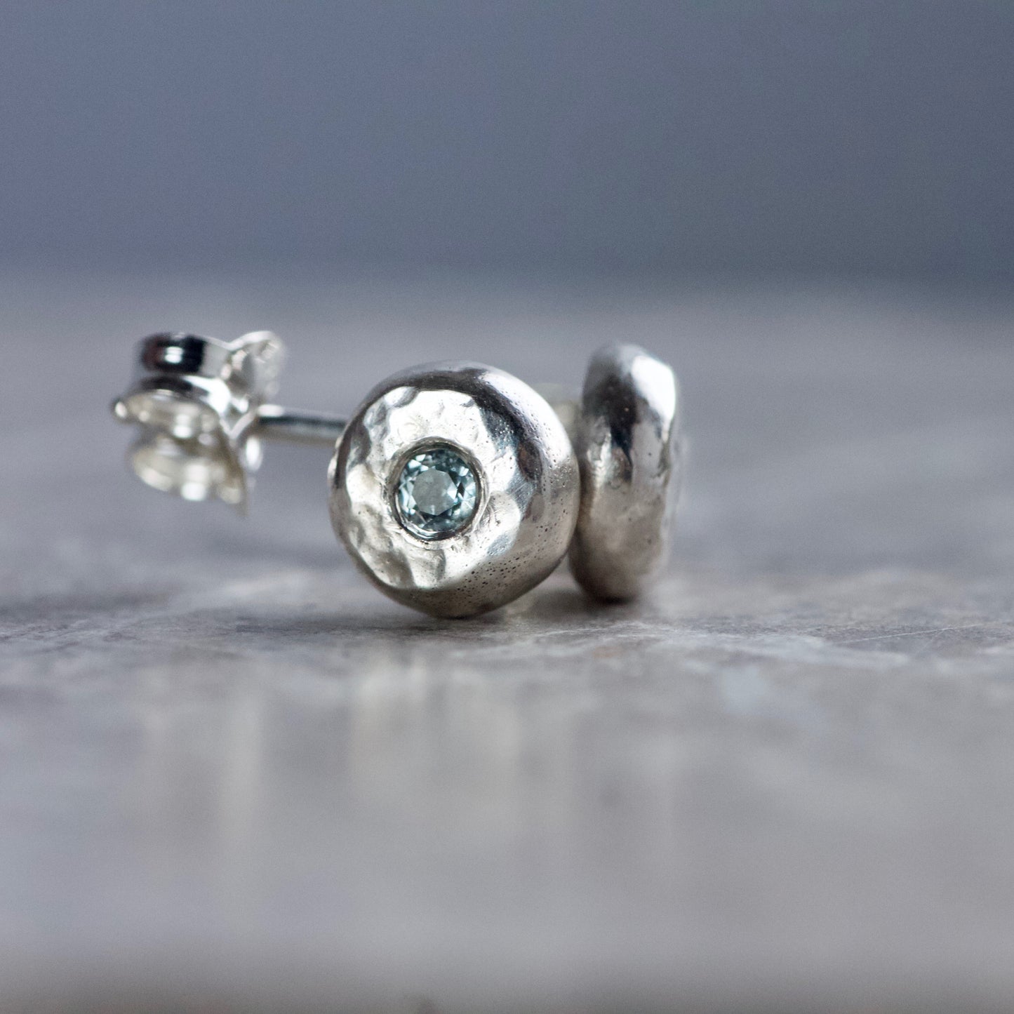 Aquamarine & Recycled Hammered Solid Sterling Silver Pebble Studs image 1
