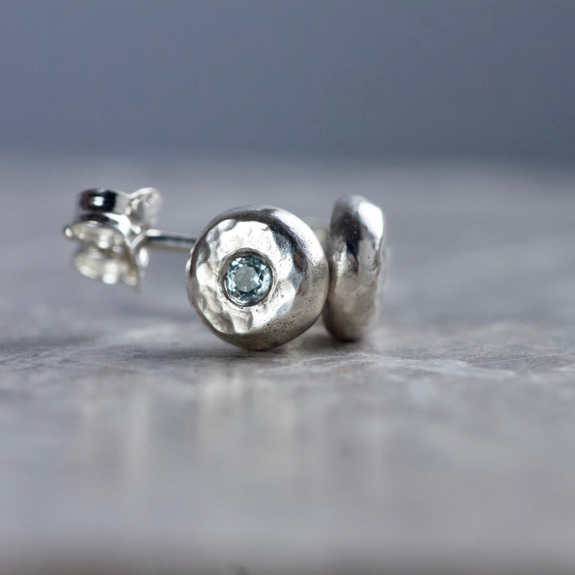 Aquamarine & Recycled Hammered Solid Sterling Silver Pebble Studs image 1