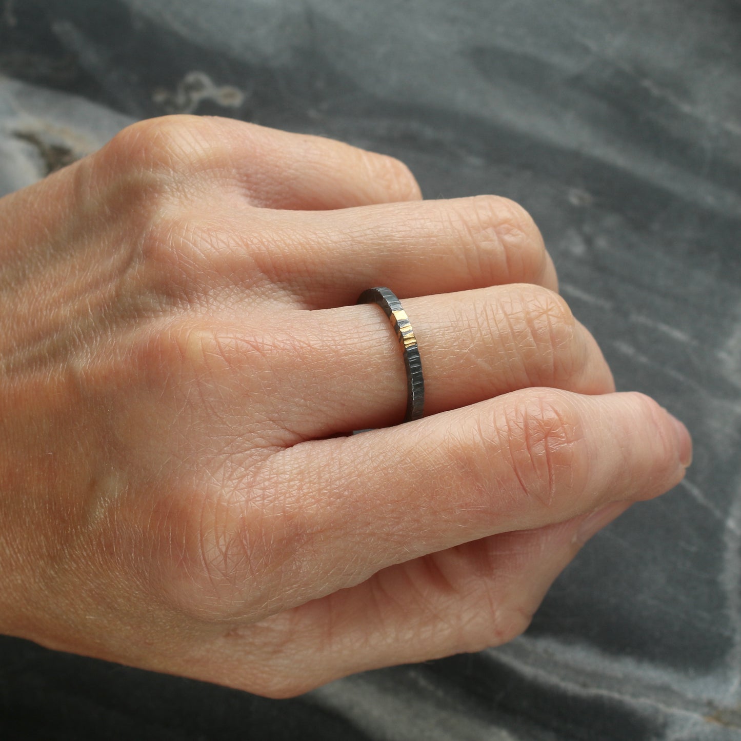 Oxidised Linear Silver & Gold Textured 2mm Ring image 1