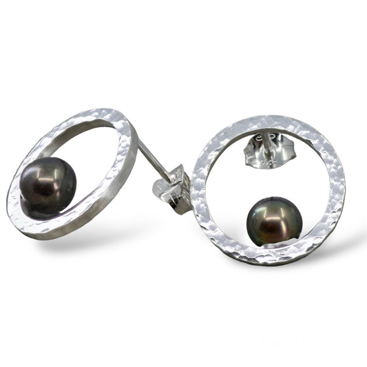 Peacock Pearl And Silver Hoop Studs image 0