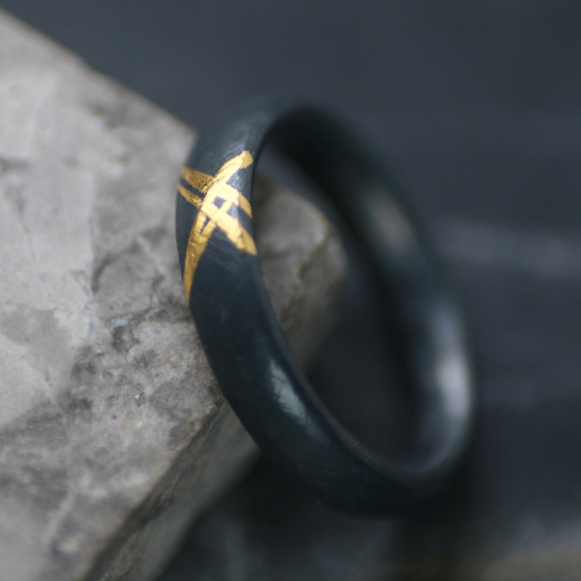 Oxidised Cross Hatch Silver & Gold Textured Chunky Ring image 0