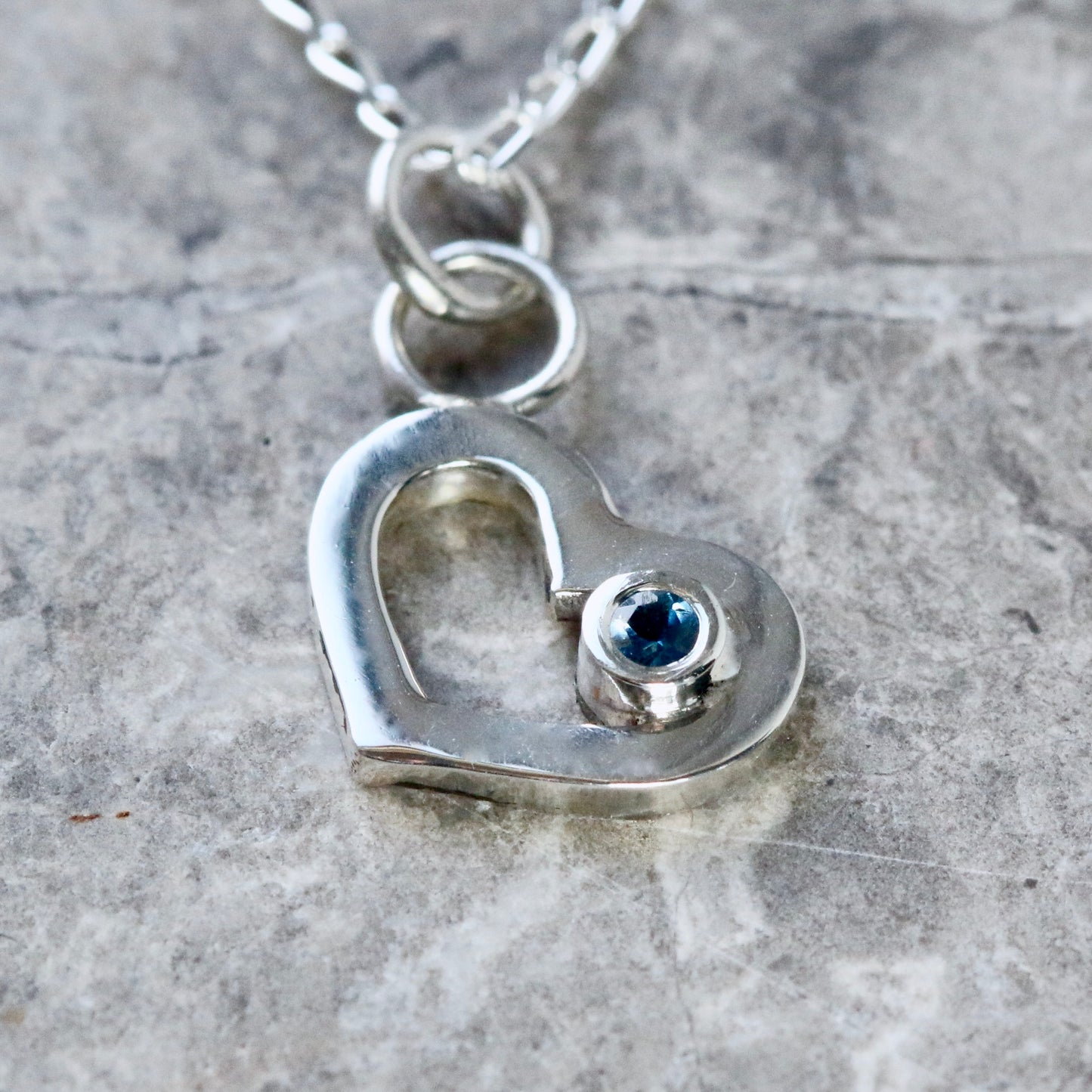 Recycled Solid Silver Open Heart &amp; Aquamarine Pendant Necklace image 1