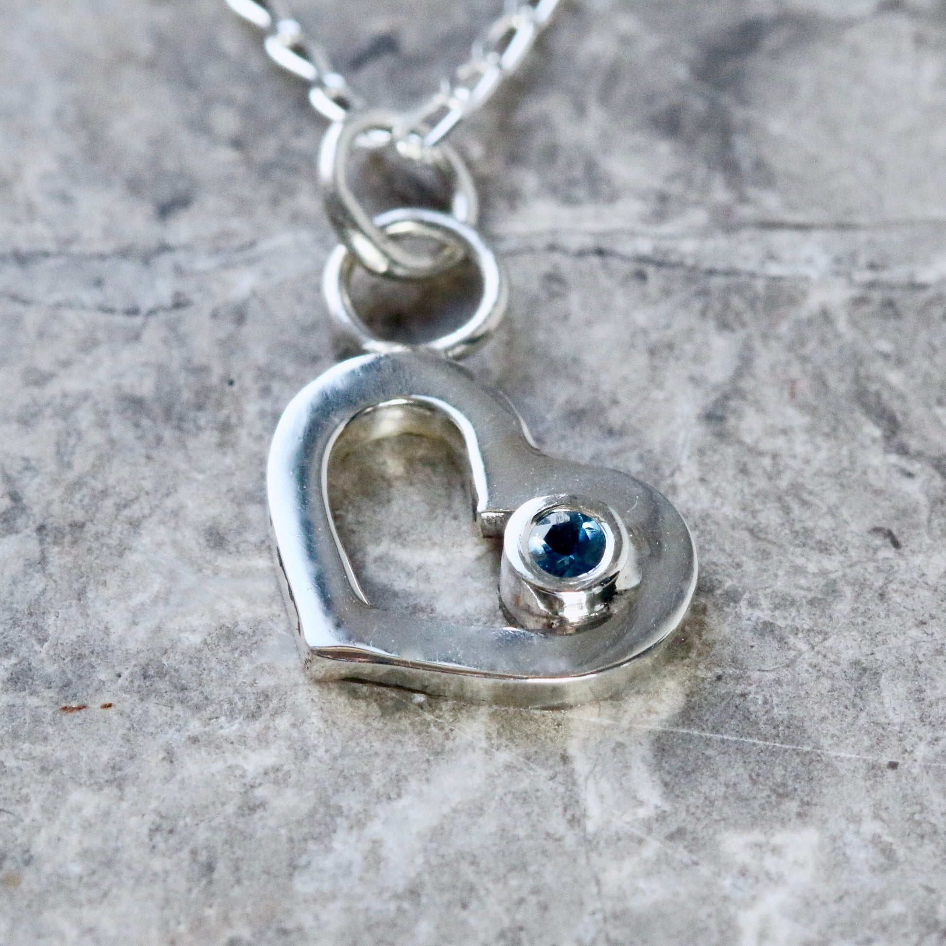 Recycled Solid Silver Open Heart &amp; Aquamarine Pendant Necklace image 1