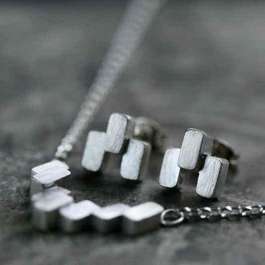 Silver Block Necklace + Earrings Gift Set image 0