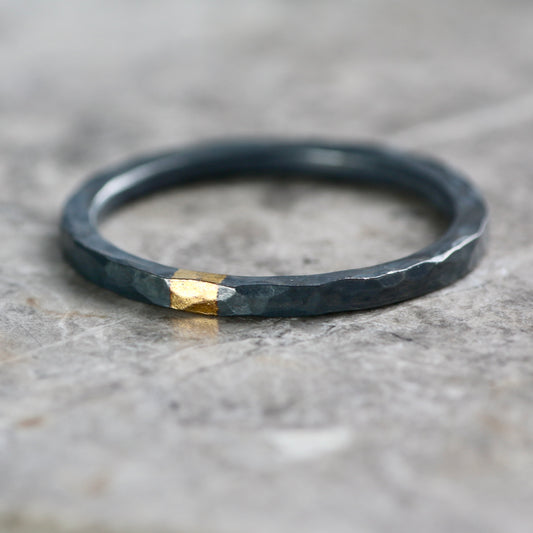 Oxidised Hammered Silver & Gold 2mm Ring image 0