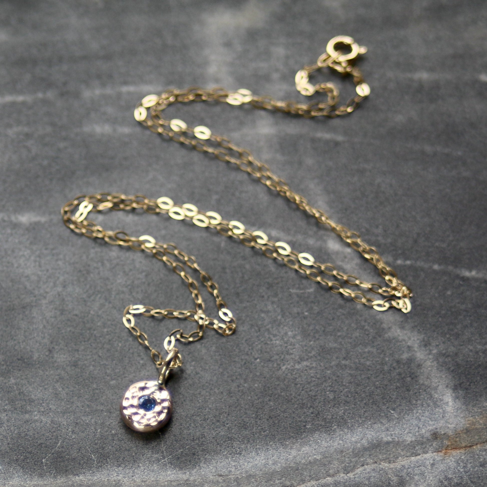 Blue Sapphire & Recycled Solid 9ct Yellow Gold Pebble Pendant Necklace image 1