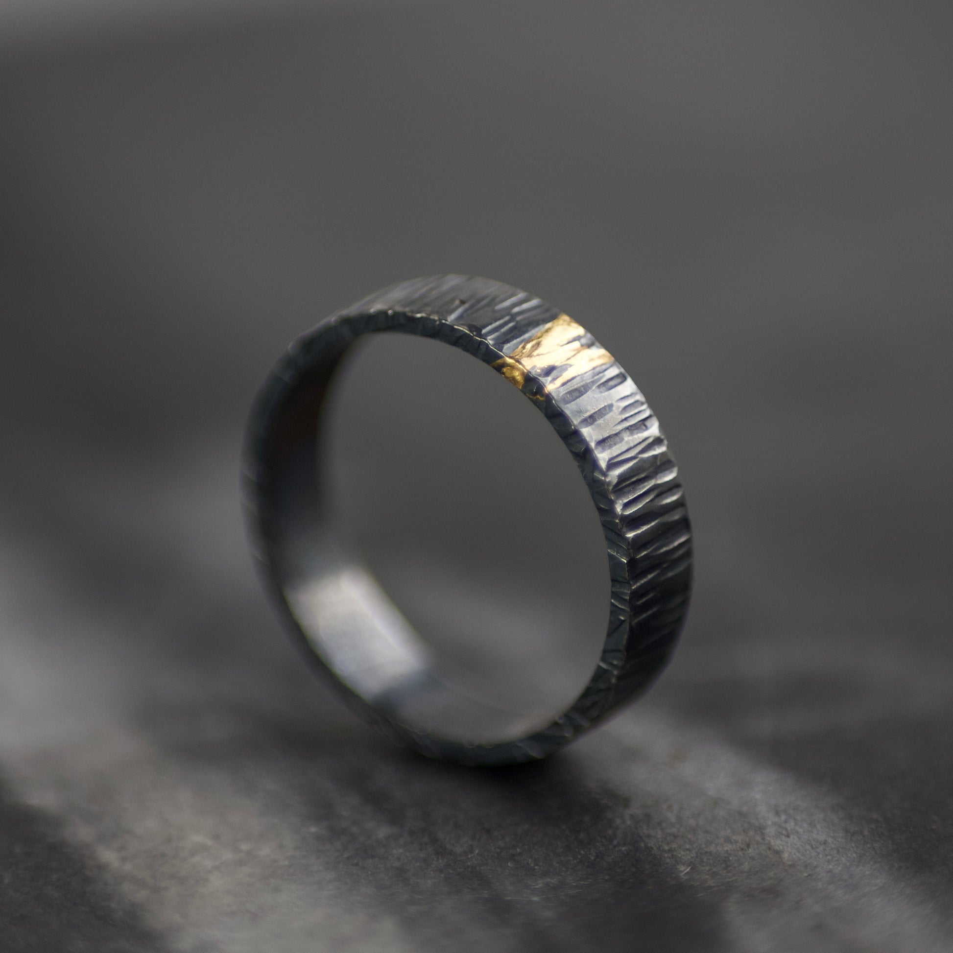 Oxidised Silver & Gold Linear Textured 4mm Ring image 4