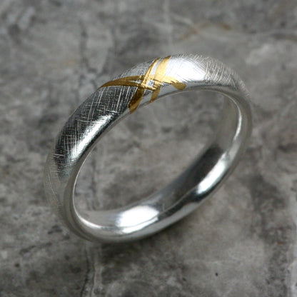 Oxidised Cross Hatch Silver & Gold Textured Chunky Ring image 5