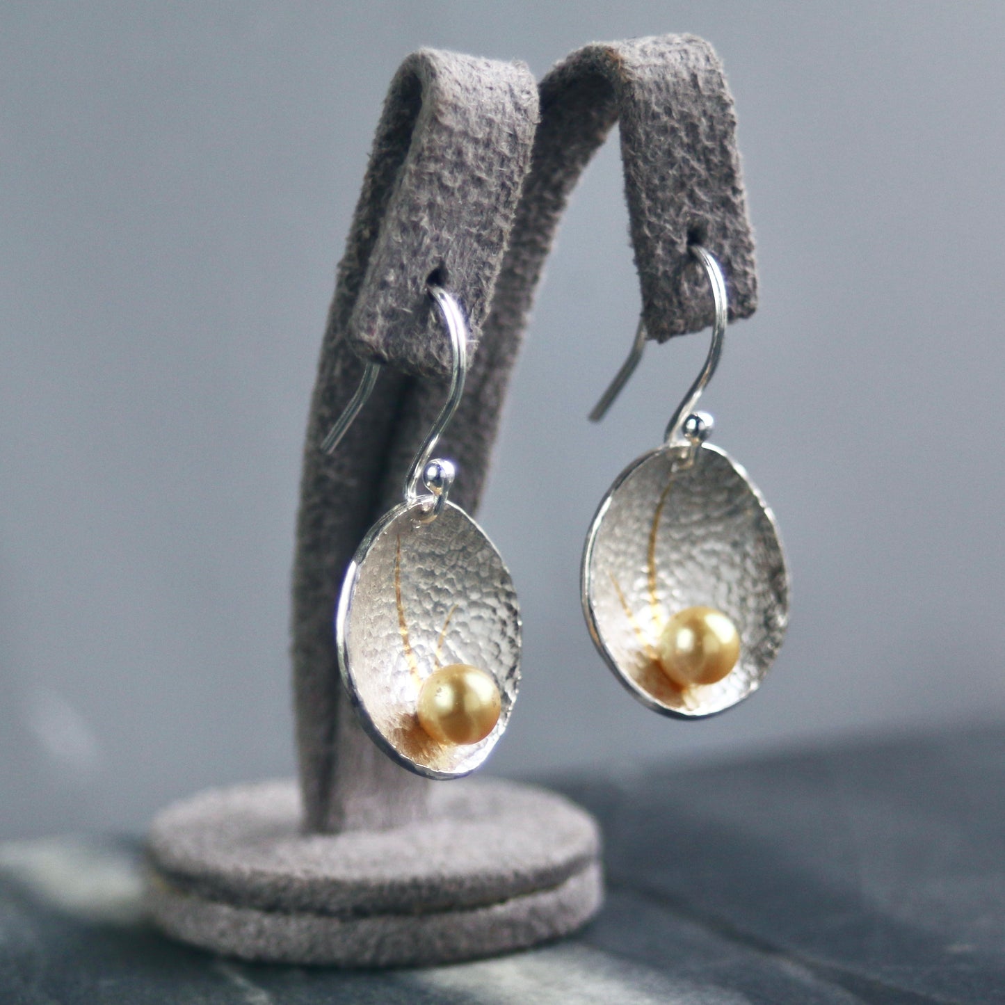 Akoya Golden Pearl Keum Boo Textured Silver Drop Earrings image 2