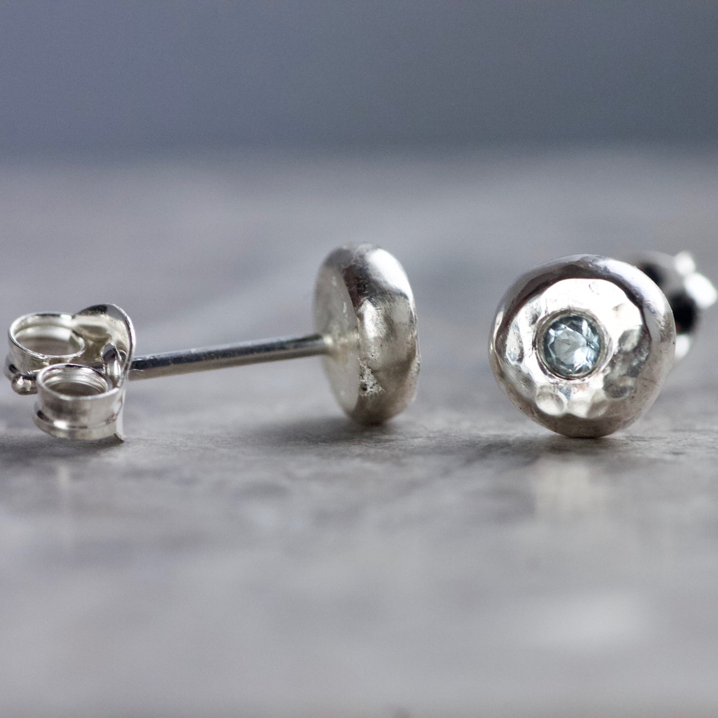 Aquamarine & Recycled Hammered Solid Sterling Silver Pebble Studs image 2
