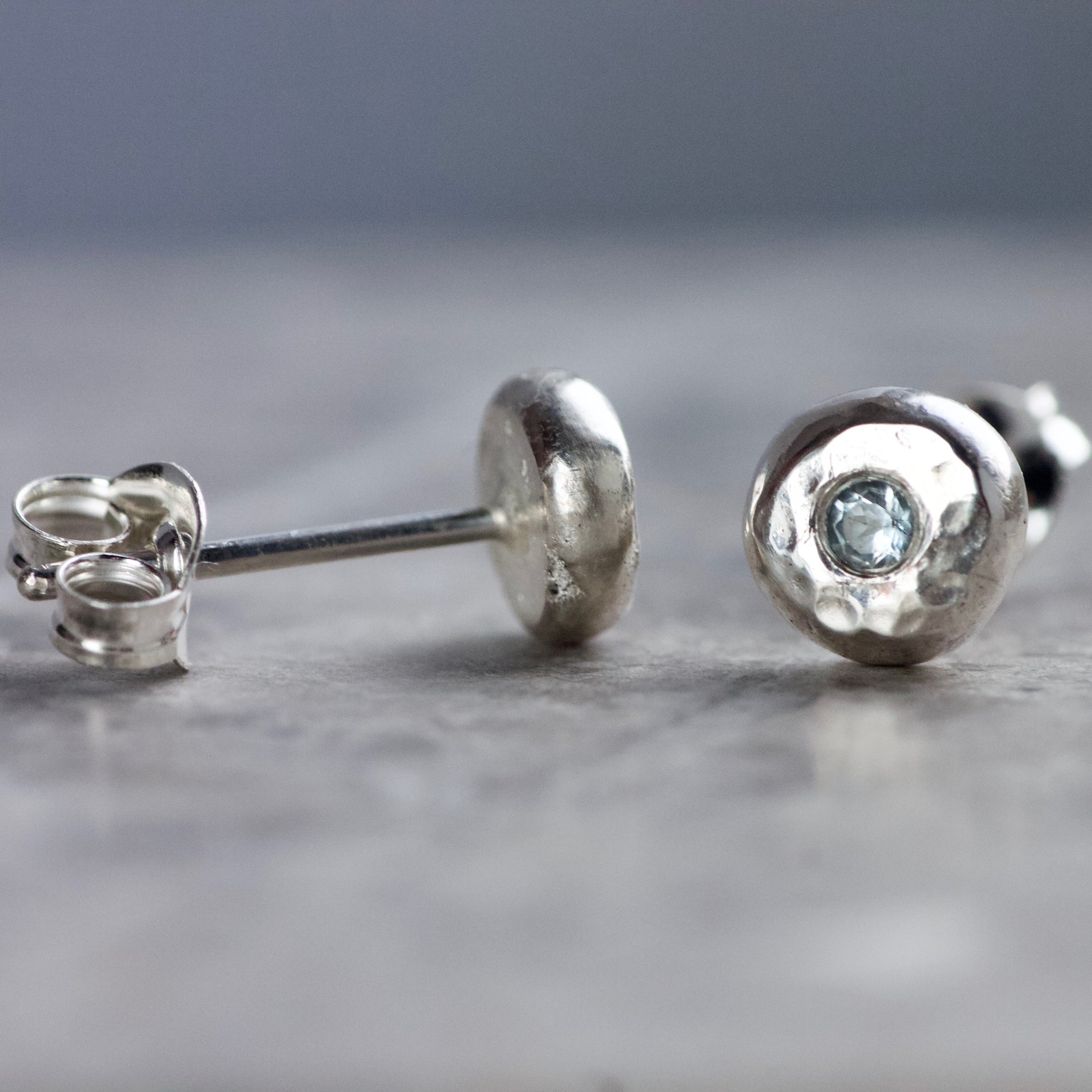 Aquamarine & Recycled Hammered Solid Sterling Silver Pebble Studs image 2