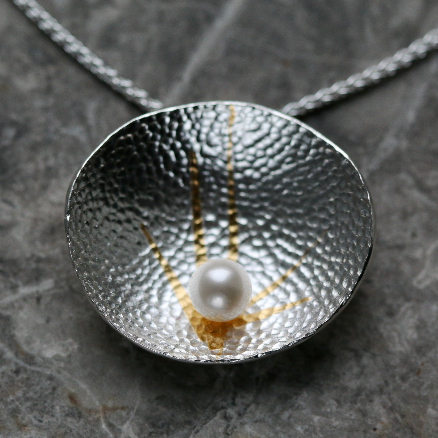 Silver and Gold Keum Boo & Pearl Pendant Necklace image 0