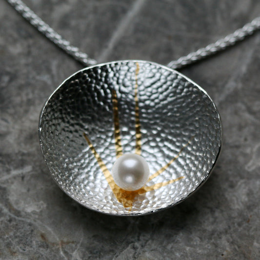 Silver and Gold Keum Boo & Pearl Pendant Necklace image 0