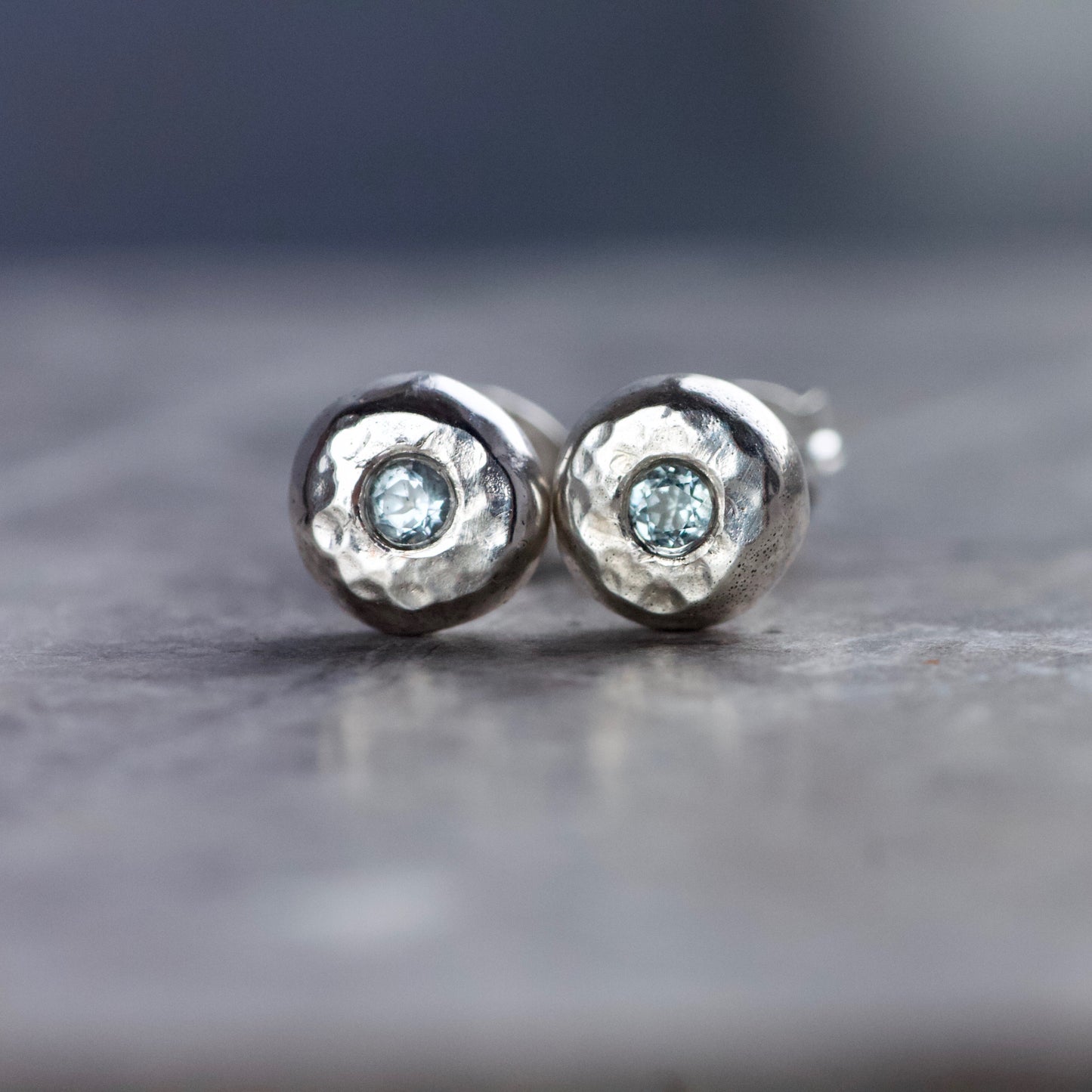 Aquamarine & Recycled Hammered Solid Sterling Silver Pebble Studs image 0