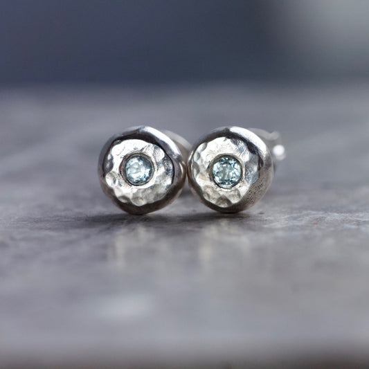 Aquamarine & Recycled Hammered Solid Sterling Silver Pebble Studs image 0