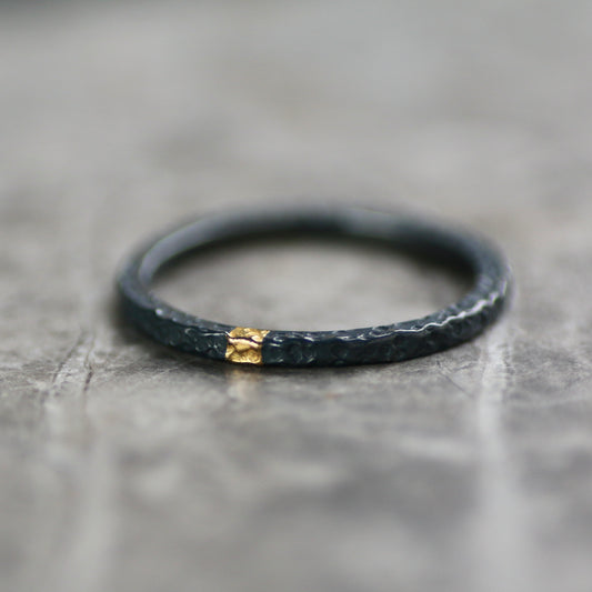 Oxidised Dot Textured Silver & Gold Textured Skinny Stacking Ring image 0