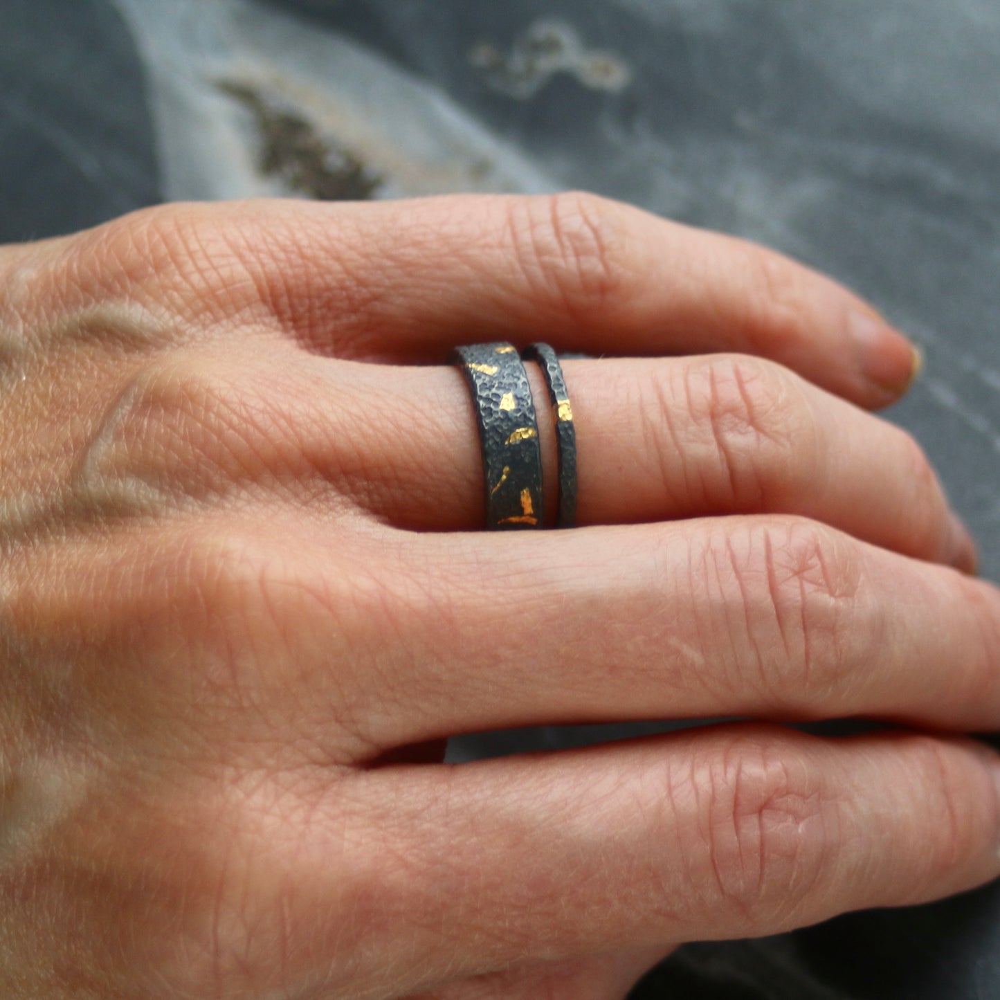 Oxidised Dot Textured Silver & Gold Textured Skinny Stacking Ring image 7