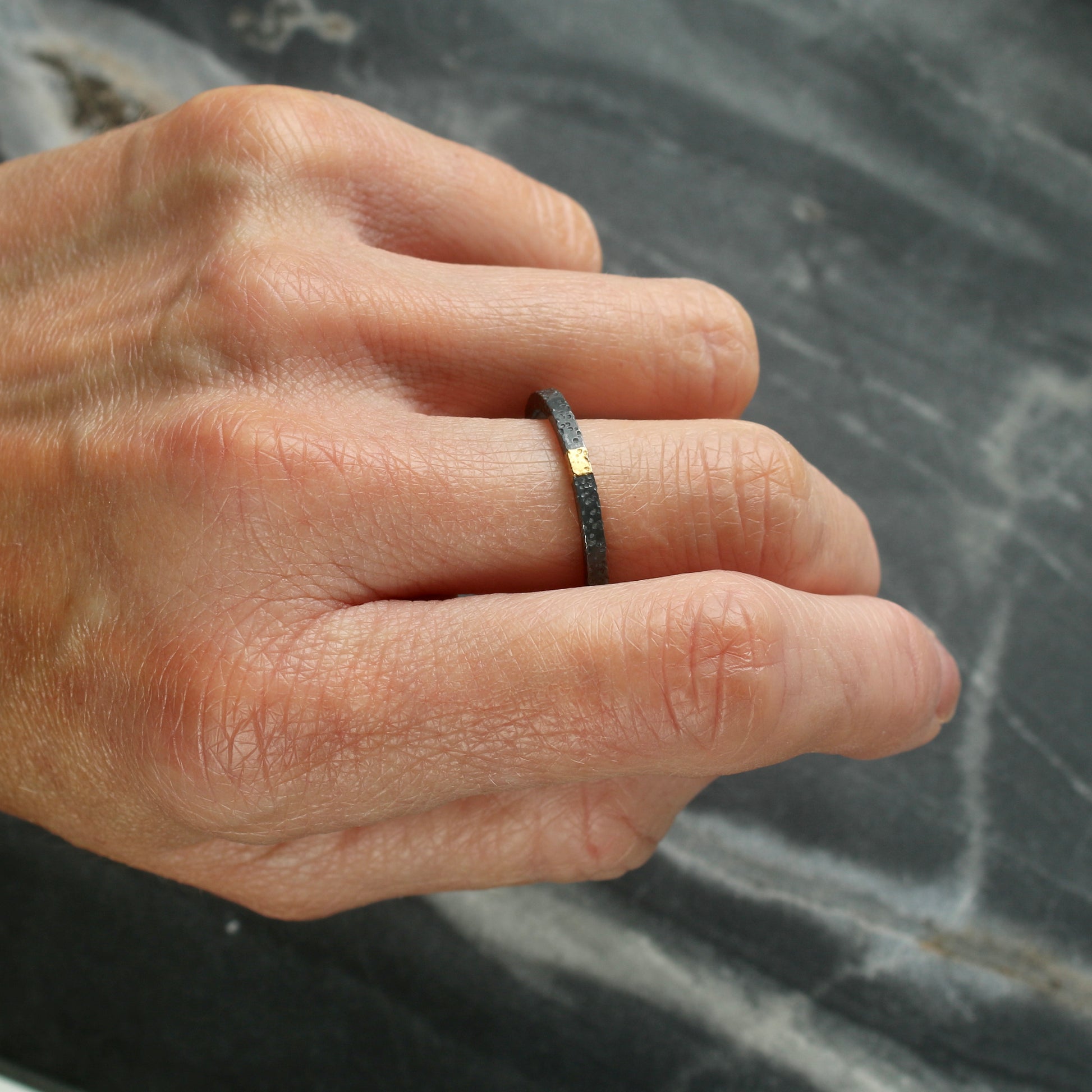 Oxidised Dot Textured Silver & Gold 2mm Stacking Ring image 1