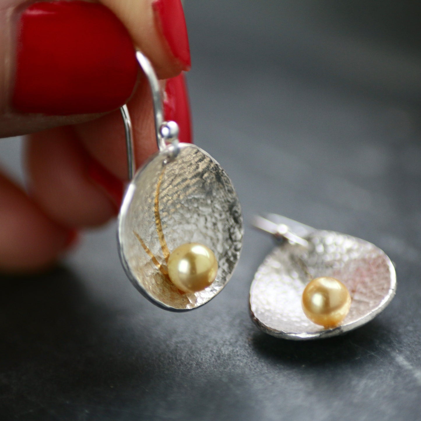 Akoya Golden Pearl Keum Boo Textured Silver Drop Earrings image 1